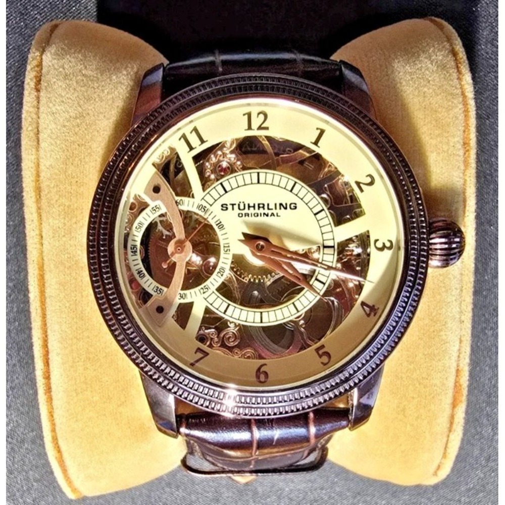 Stührling Original Brumalia Skeleton Watch Brown Leather Strap Exhibition Back